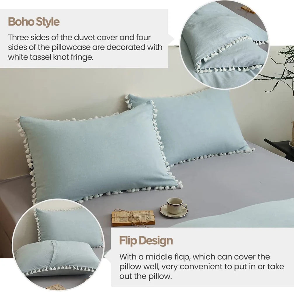 Boho Linen Cotton Bedding Set with Tassel Washed Comforter