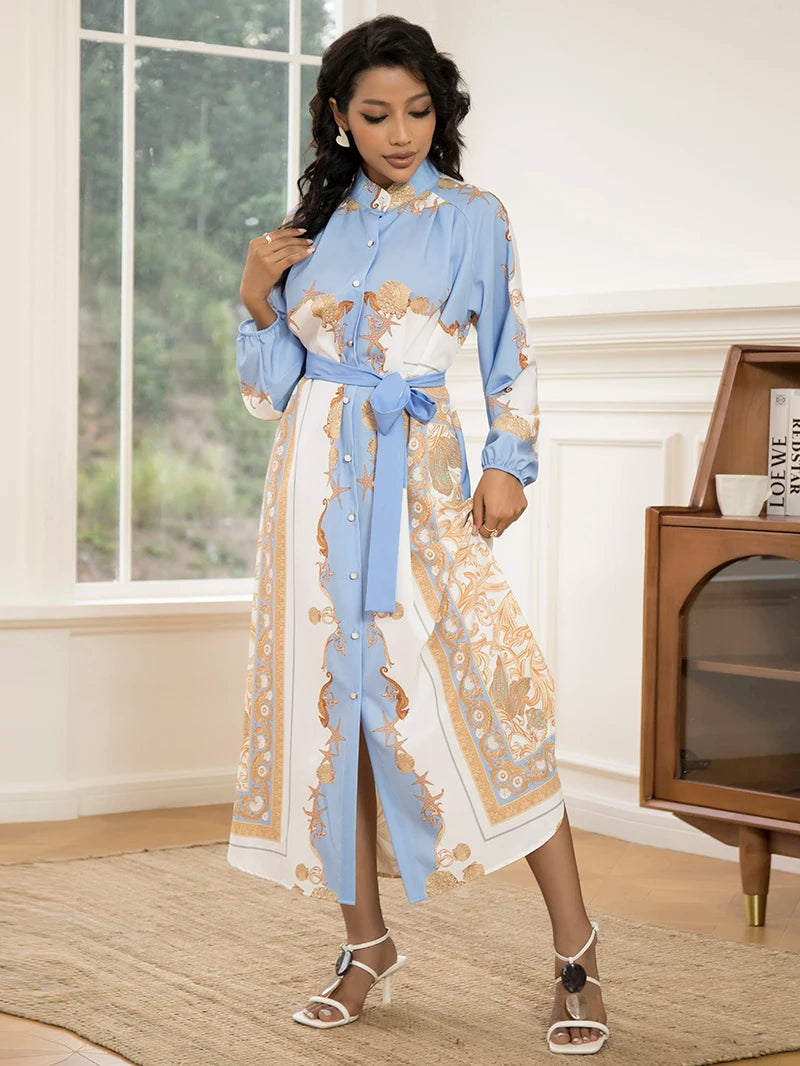 Elegant Women's Long-Sleeve Dress with Belt Chic Print