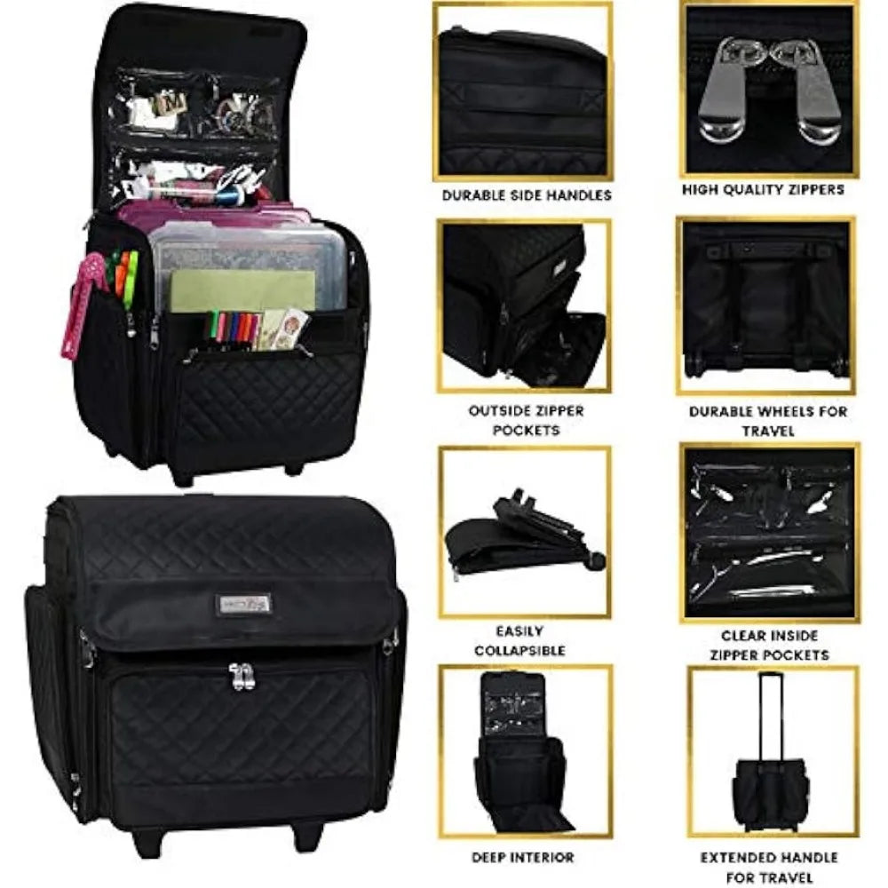 Everything Mary Deluxe Rolling Papercraft Craft Case Black Quilted Scrapbook Tote Bag w Wheels for Scrapbooking Art