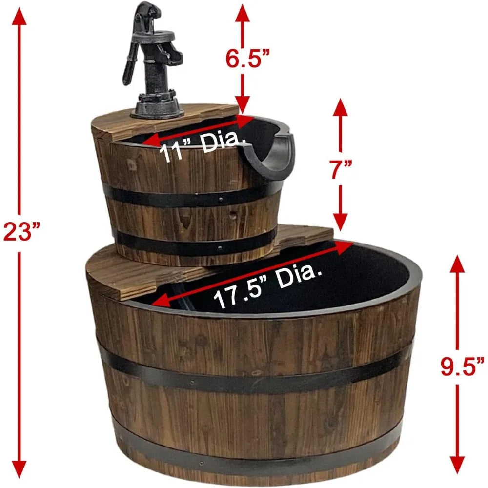 Tier Barrel Waterfall Fountain, Rustic Wood Barrel Feature