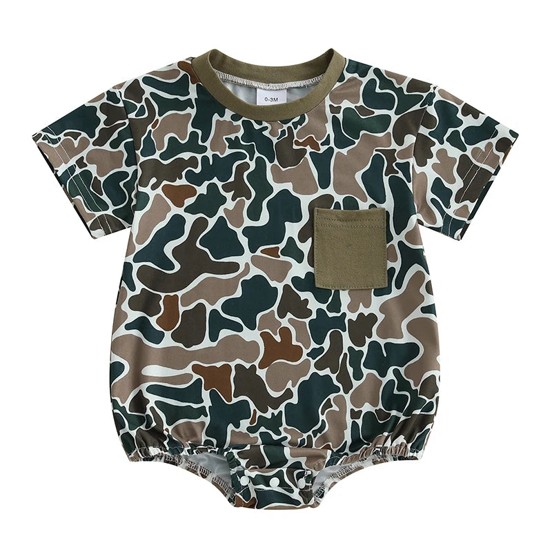 Toddler Boy Lightweight Cotton Short Sleeve Round Neck Camo Romper with Loose Fit