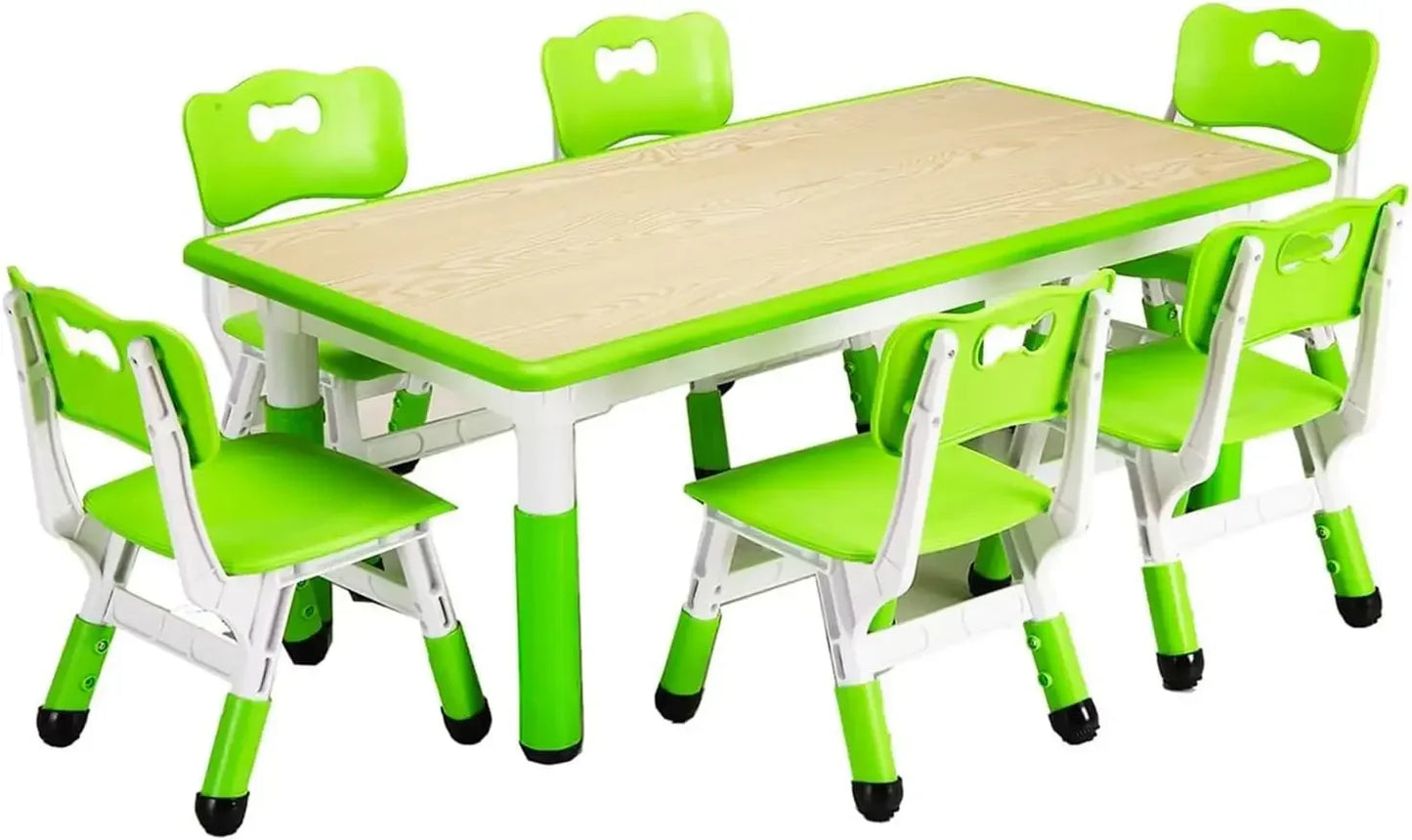 Kids Table and Chairs Set, Height Adjustable Desk With 6 Seats for Ages 2-10,Arts & Crafts Table,Graffiti Desktop