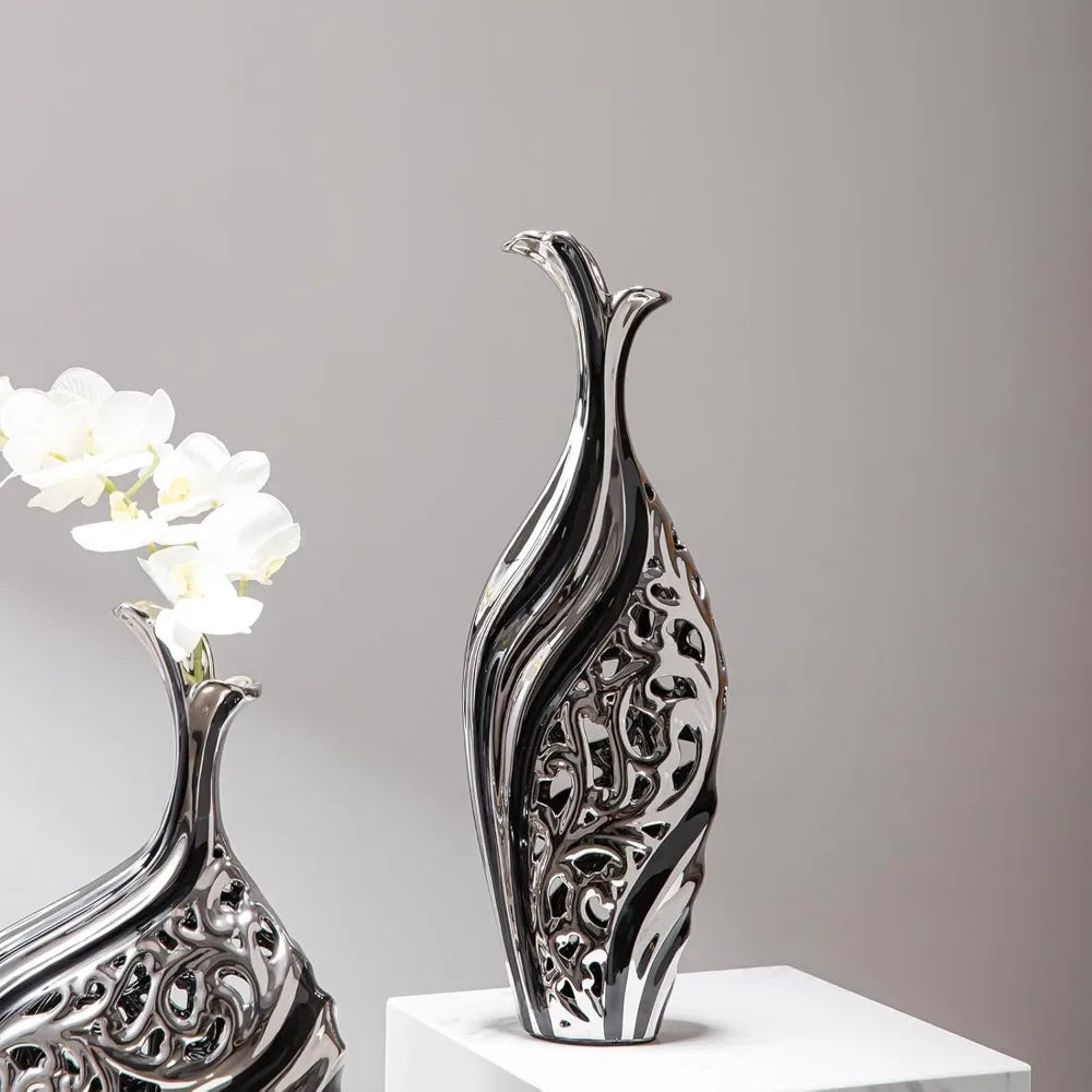 19.6-Inch Black Silver Floor Tall Slim Large Vase Modern Design