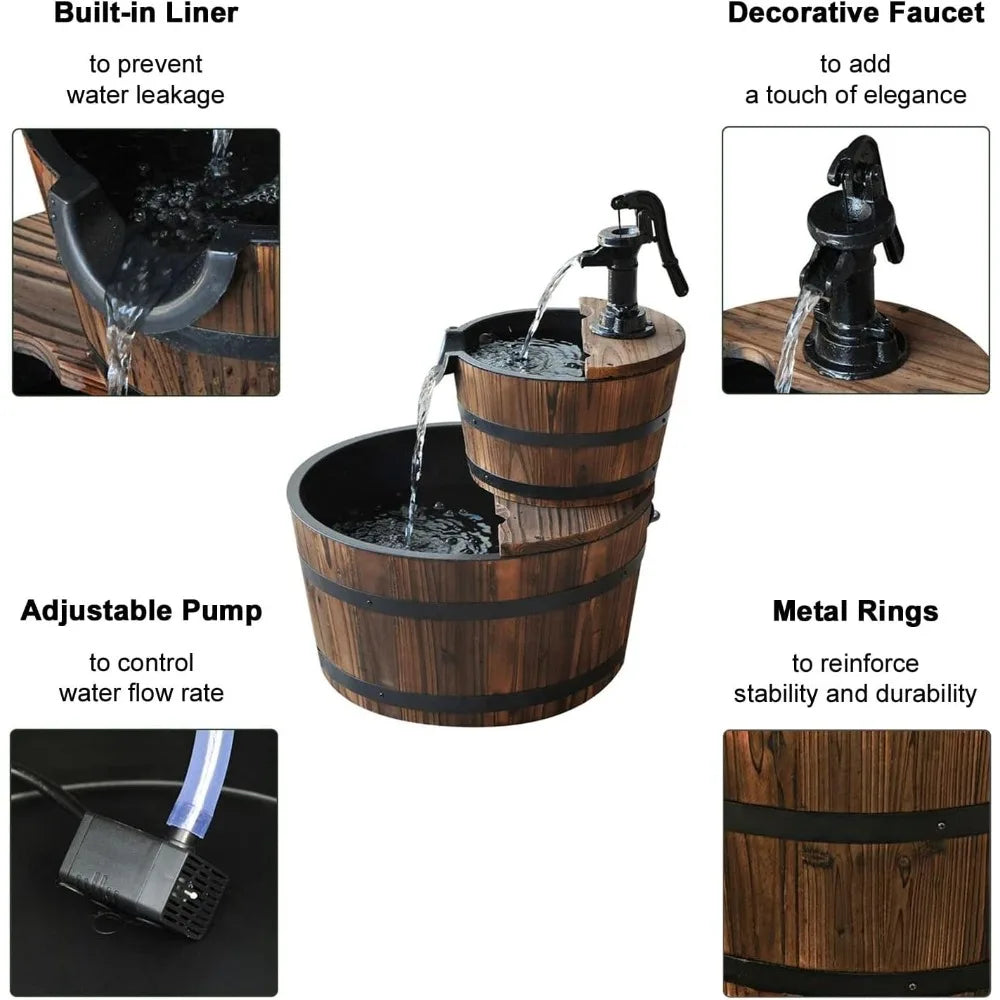 Tier Barrel Waterfall Fountain, Rustic Wood Barrel Feature