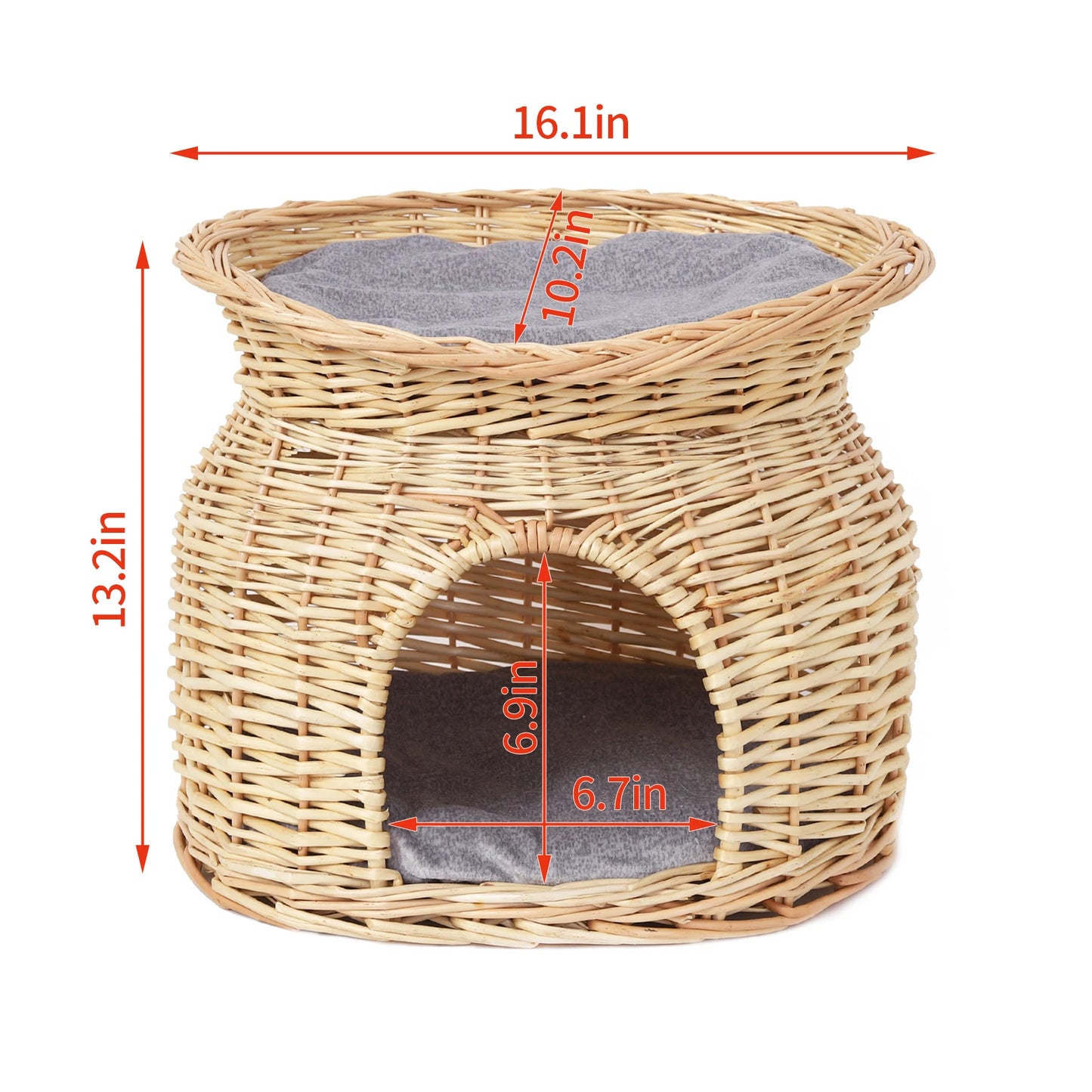 2-Tier Wicker Bunk Basket Cat Sleeping Bed Play House Furniture for Indoor Cats with 2 Pcs Soft Cushion Cave Bed, L *H 41x33.5CM