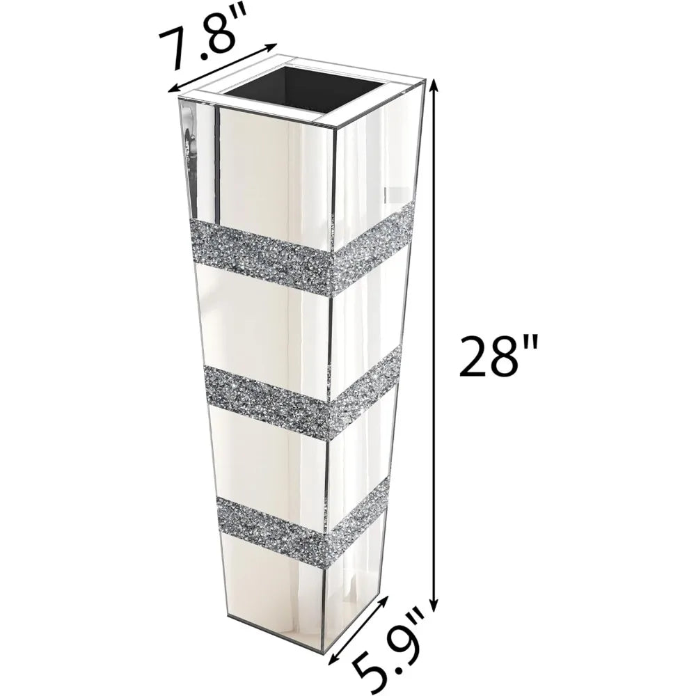 Mirrored Tall Floor Vase, 28 Inch Large Crushed Diamond Decor