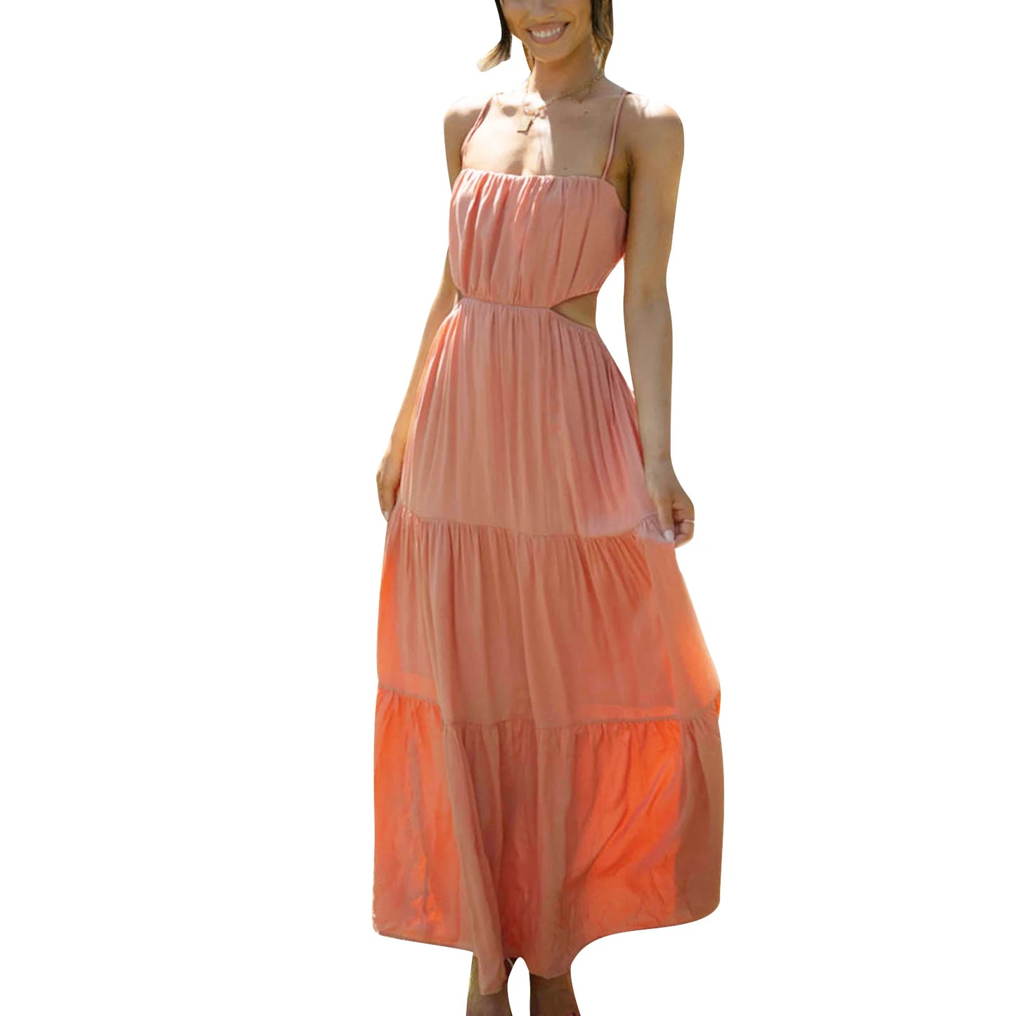 Elegant Sleeveless Maxi Dress with V-Neckline and Ruched Waist Detail for Women's Summer Fashion