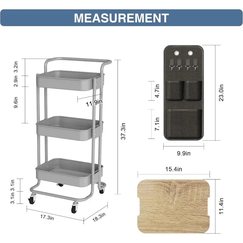 3 Tier Metal Utility Rolling Cart with Table Top and Side Bags