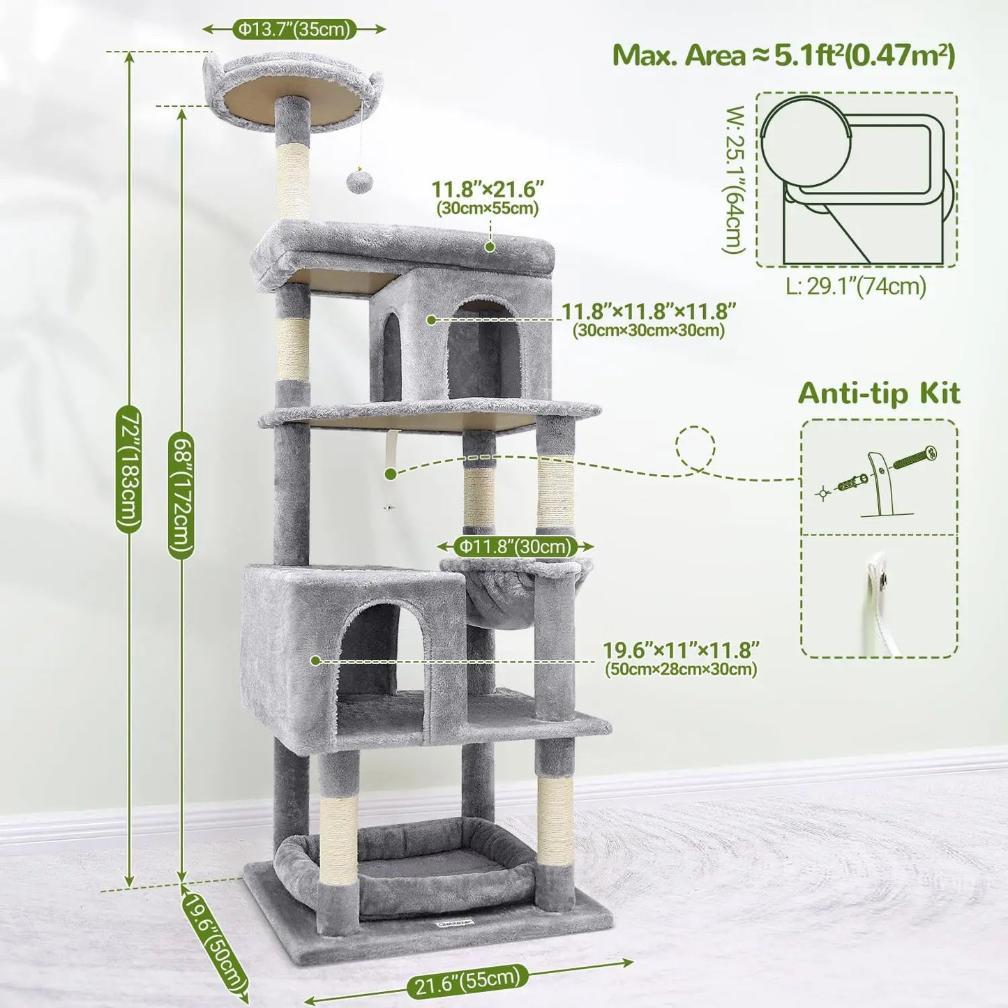 S72 Heavy Duty Cat Trees for Large Cats 72in Cat Tower