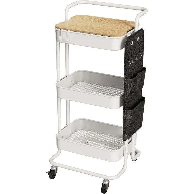3 Tier Metal Utility Rolling Cart with Table Top and Side Bags