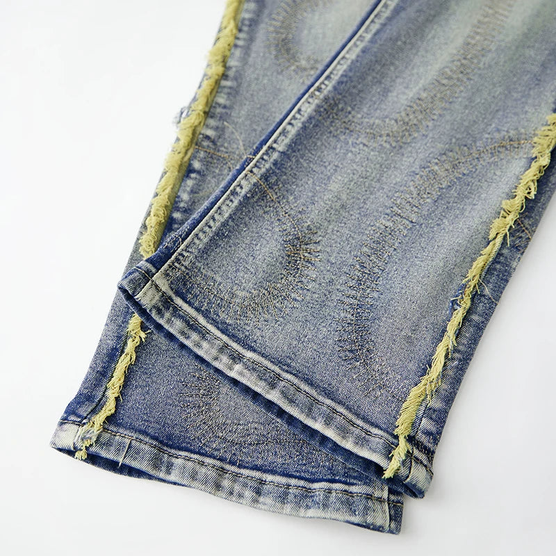 Men's Stylish Embroidered Denim Jeans with Trendy Streetwear Design