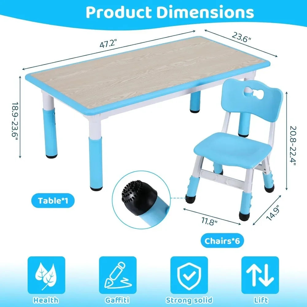 Kids Table and 6 Chairs Set, Height Adjustable Graffiti Table,Preschool Activity Art Craft Table,for Daycare Classroom Home Boys