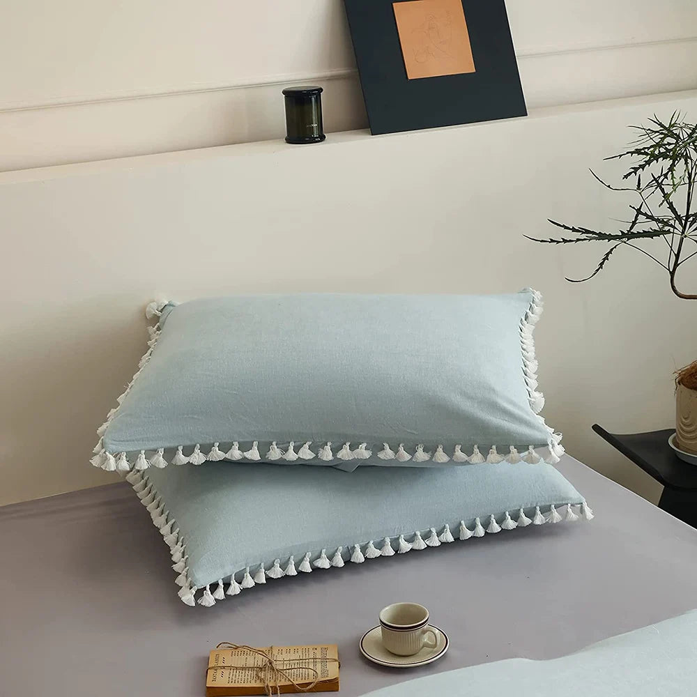 Boho Linen Cotton Bedding Set with Tassel Washed Comforter