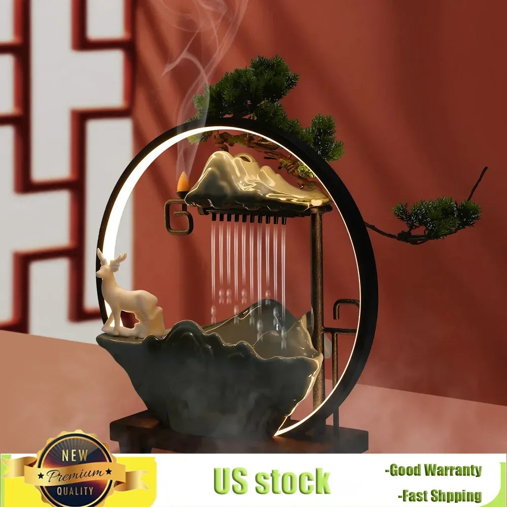 Bymaocar Indoor Water Fountain With Mist Touch Switch LED Light Incense Burner Waterfall Relaxing Table Decor