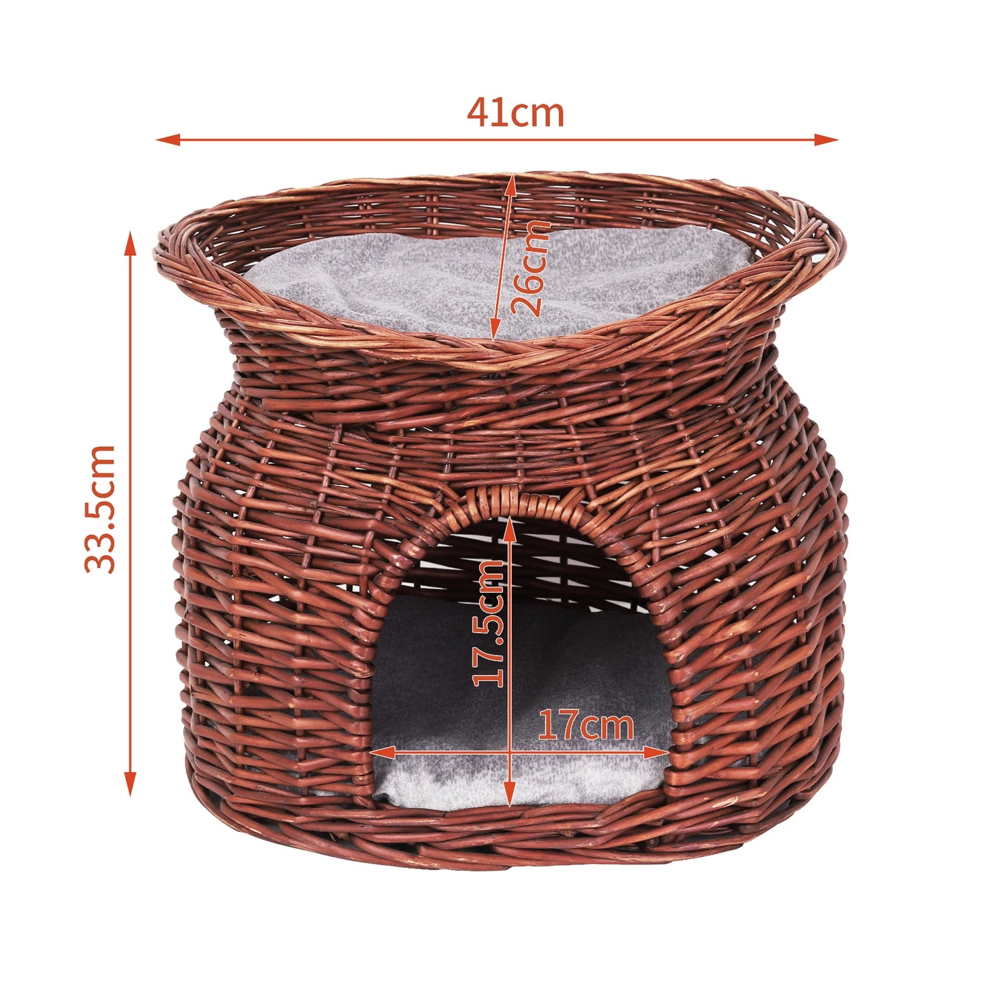 2-Tier Wicker Bunk Basket Cat Sleeping Bed Play House Furniture for Indoor Cats with 2 Pcs Soft Cushion Cave Bed, L *H 41x33.5CM