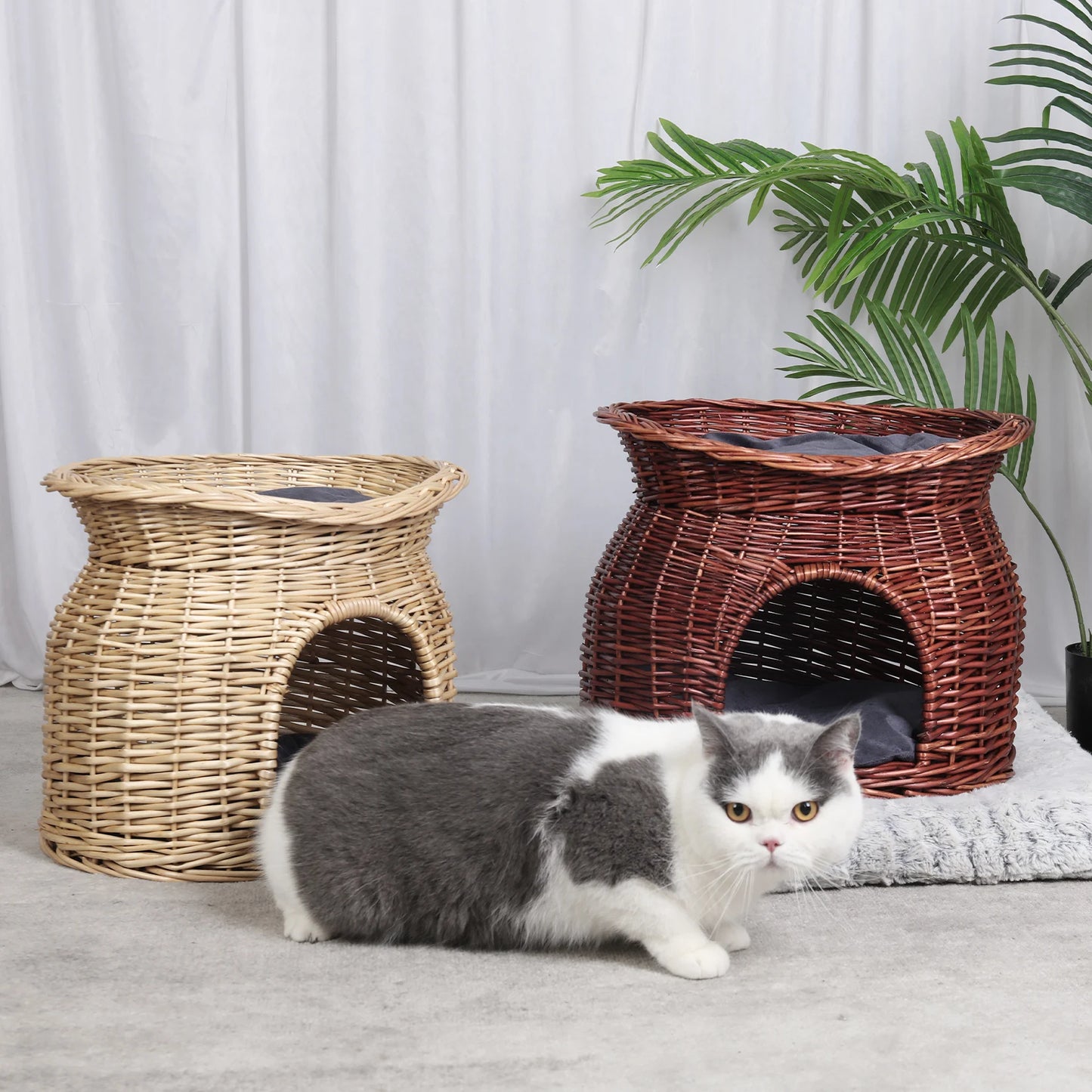2-Tier Wicker Bunk Basket Cat Sleeping Bed Play House Furniture for Indoor Cats with 2 Pcs Soft Cushion Cave Bed, L *H 41x33.5CM