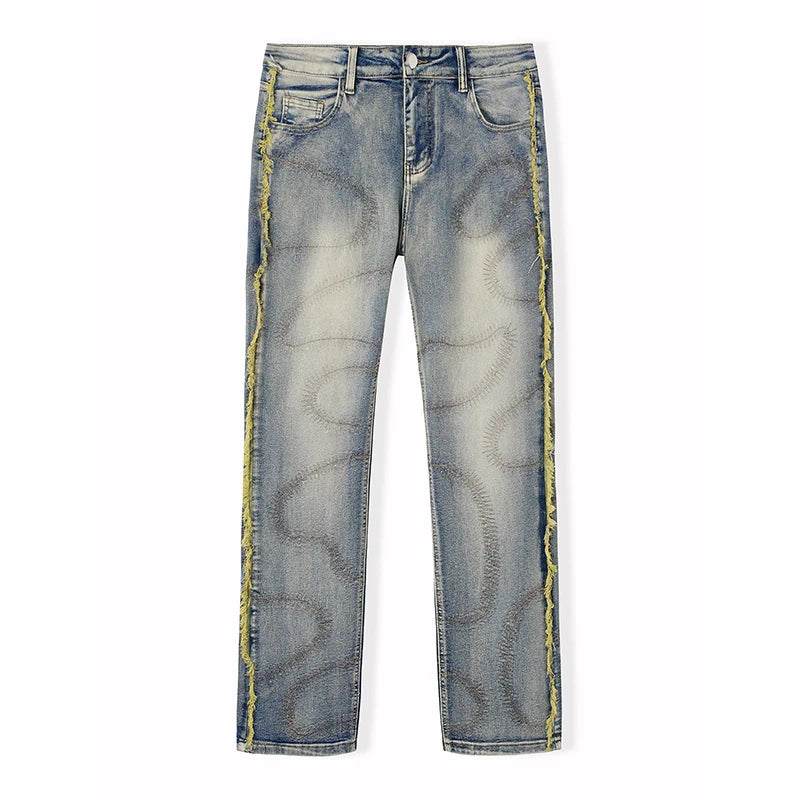 Men's Stylish Embroidered Denim Jeans with Trendy Streetwear Design