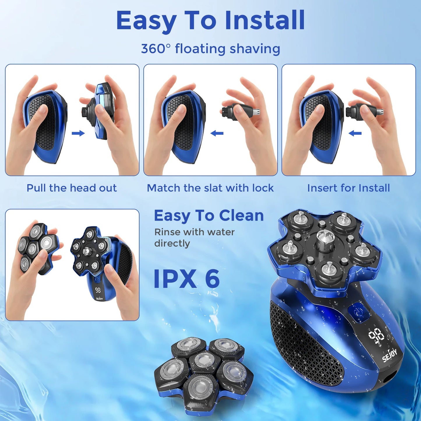 Sejoy JK-1800 Multifunctional Head Shavers for Bald Men 6 Floating Blade Rechargeable Nose Hair Trimmer Grooming Kit
