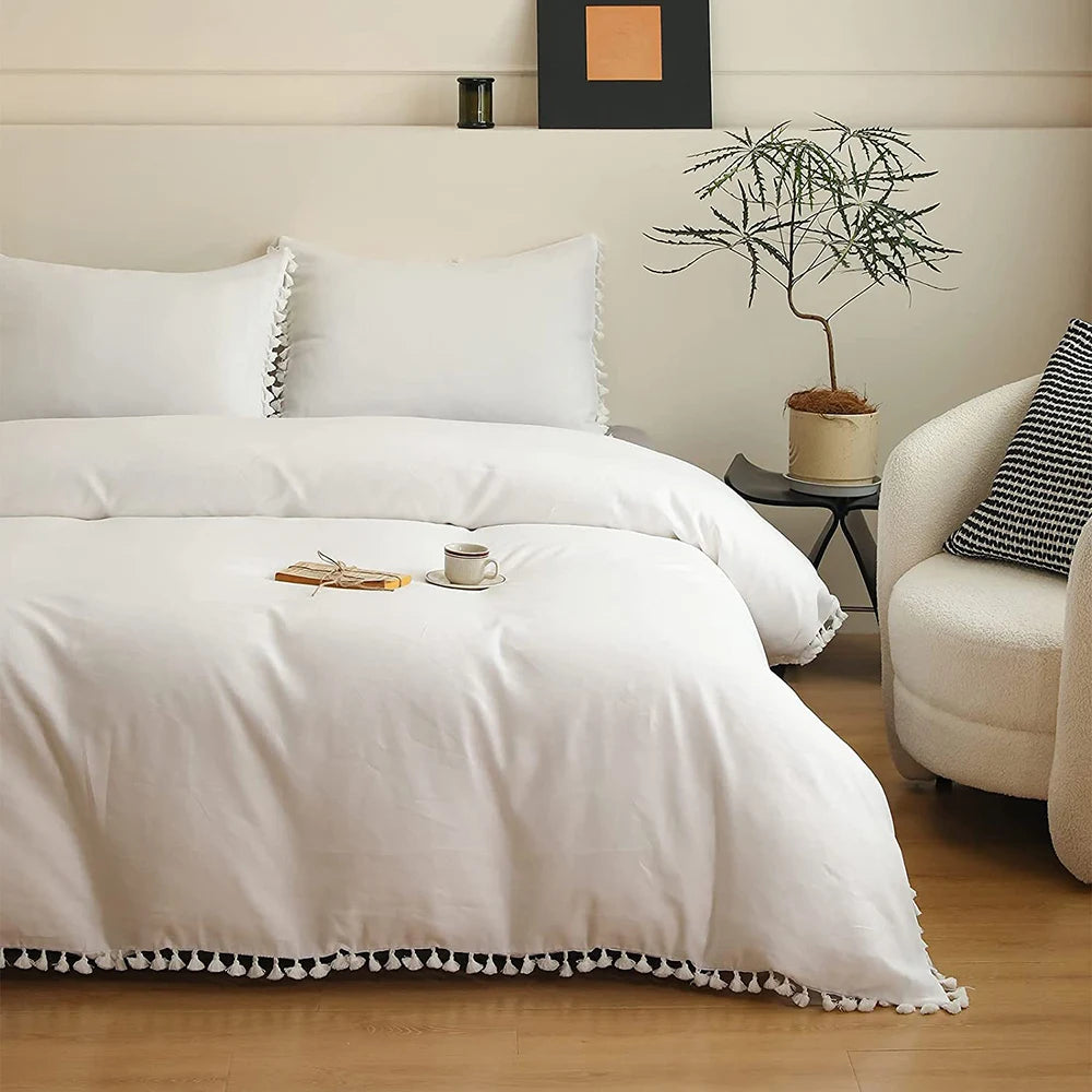 Boho Linen Cotton Bedding Set with Tassel Washed Comforter