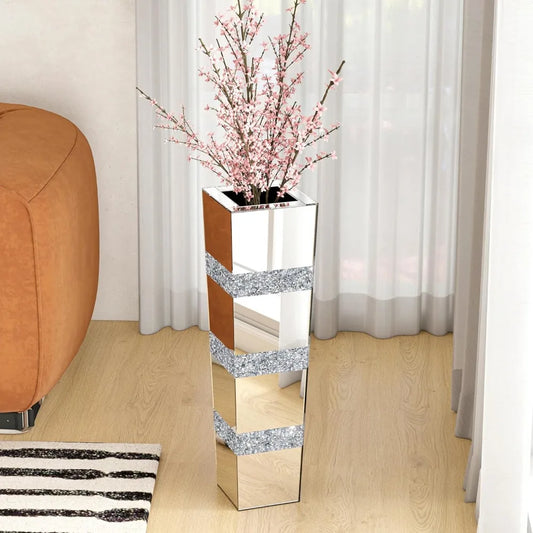 Mirrored Tall Floor Vase, 28 Inch Large Crushed Diamond Decor