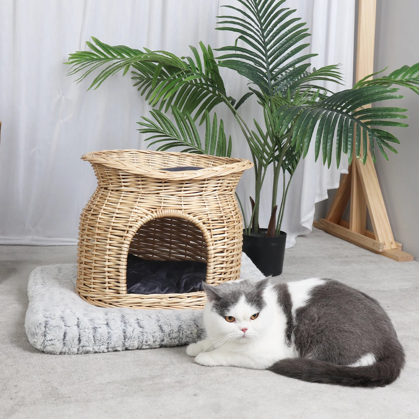 2-Tier Wicker Bunk Basket Cat Sleeping Bed Play House Furniture for Indoor Cats with 2 Pcs Soft Cushion Cave Bed, L *H 41x33.5CM