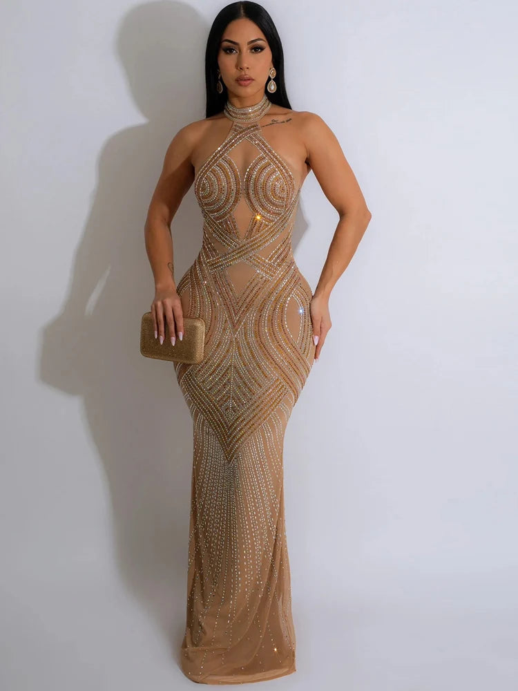 Beyprern Women's Rhinestones Décor Long Maxi Dress Glam