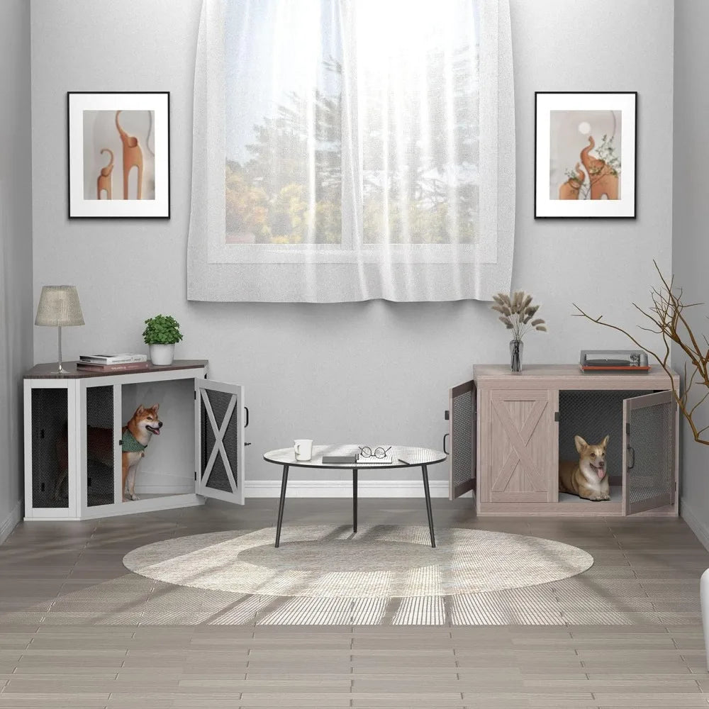 Corner Dog Crate Furniture, Wooden Dog Kennel End Table with Mesh