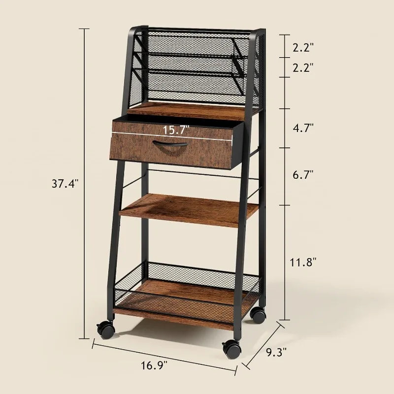3 Tier Rolling Cart - Metal Utility Cart with Storage Drawer
