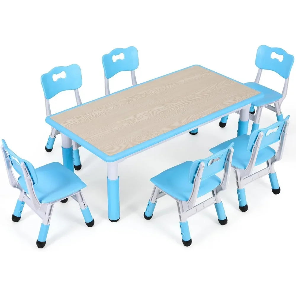 Kids Table and 6 Chairs Set, Height Adjustable Graffiti Table,Preschool Activity Art Craft Table,for Daycare Classroom Home Boys