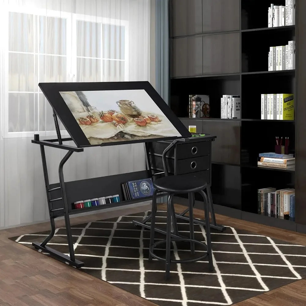 Comfort Corner Drafting Table for Adults with Stool and Drawers