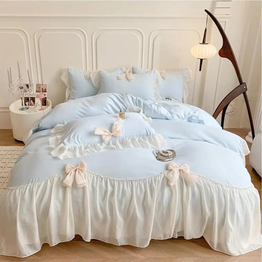 Ruffled Duvet Cover Set with Bowknot Tie