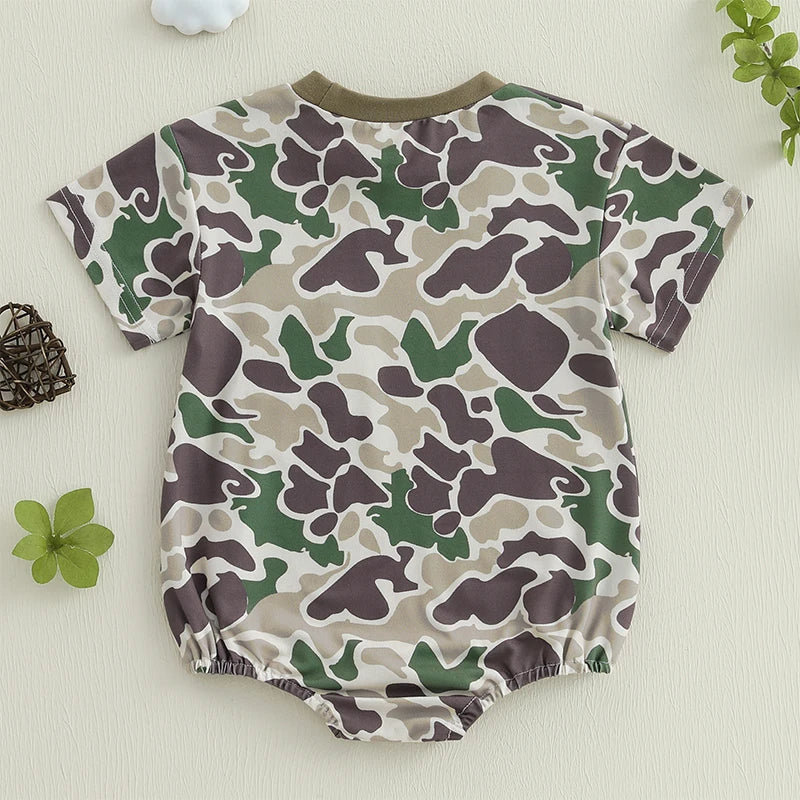 Toddler Boy Lightweight Cotton Short Sleeve Round Neck Camo Romper with Loose Fit