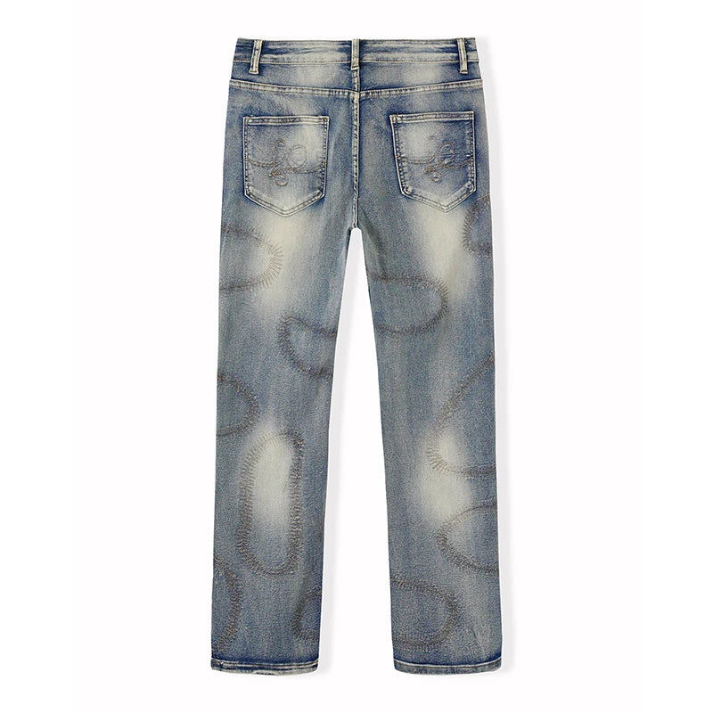 Men's Stylish Embroidered Denim Jeans with Trendy Streetwear Design