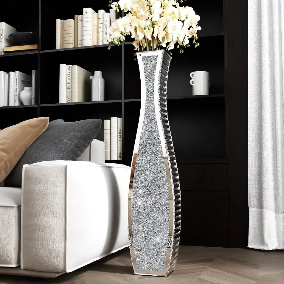 Mirrored Tall Floor Vase, 28 Inch Large Crushed Diamond Decor