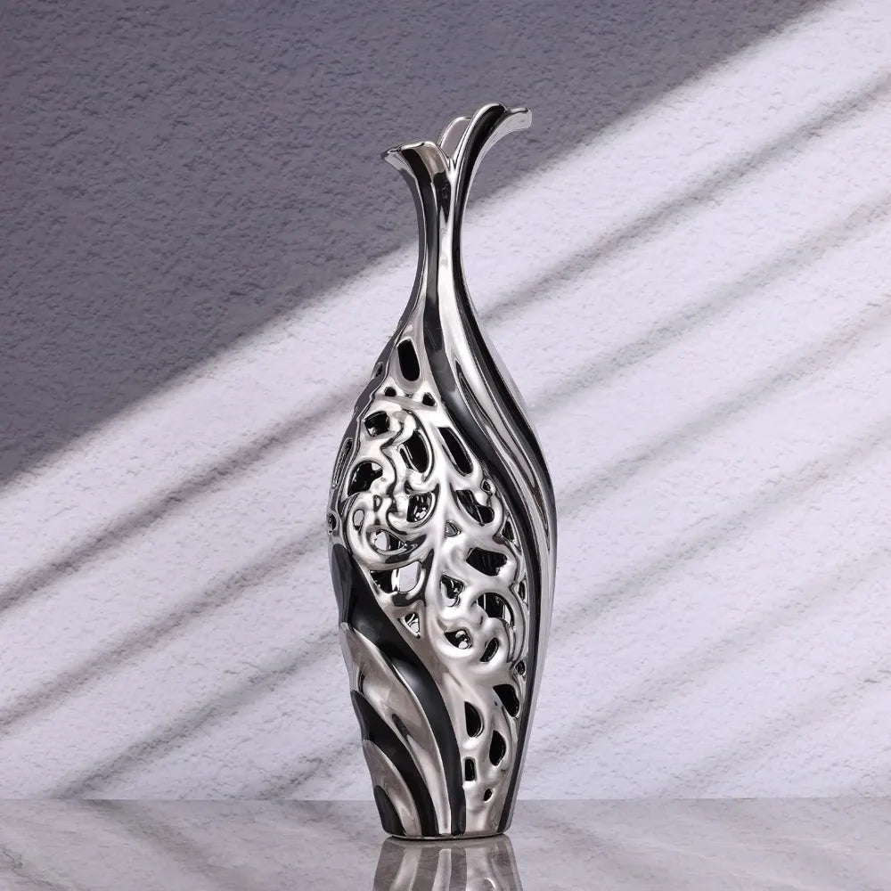 19.6-Inch Black Silver Floor Tall Slim Large Vase Modern Design