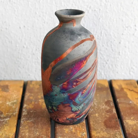 7 Inch Raku Ceramic Pottery Vase Carbon Half Copper Matte