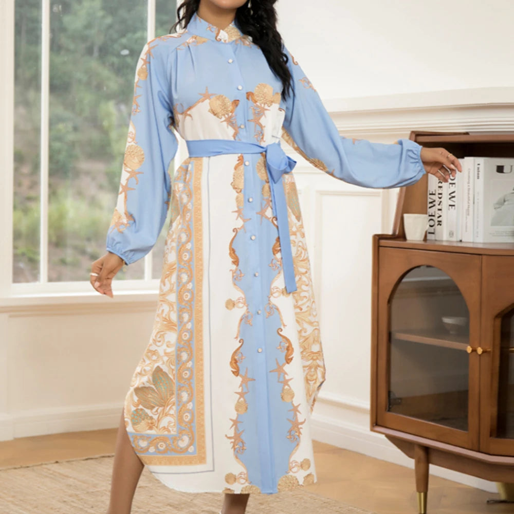 Elegant Women's Long-Sleeve Dress with Belt Chic Print