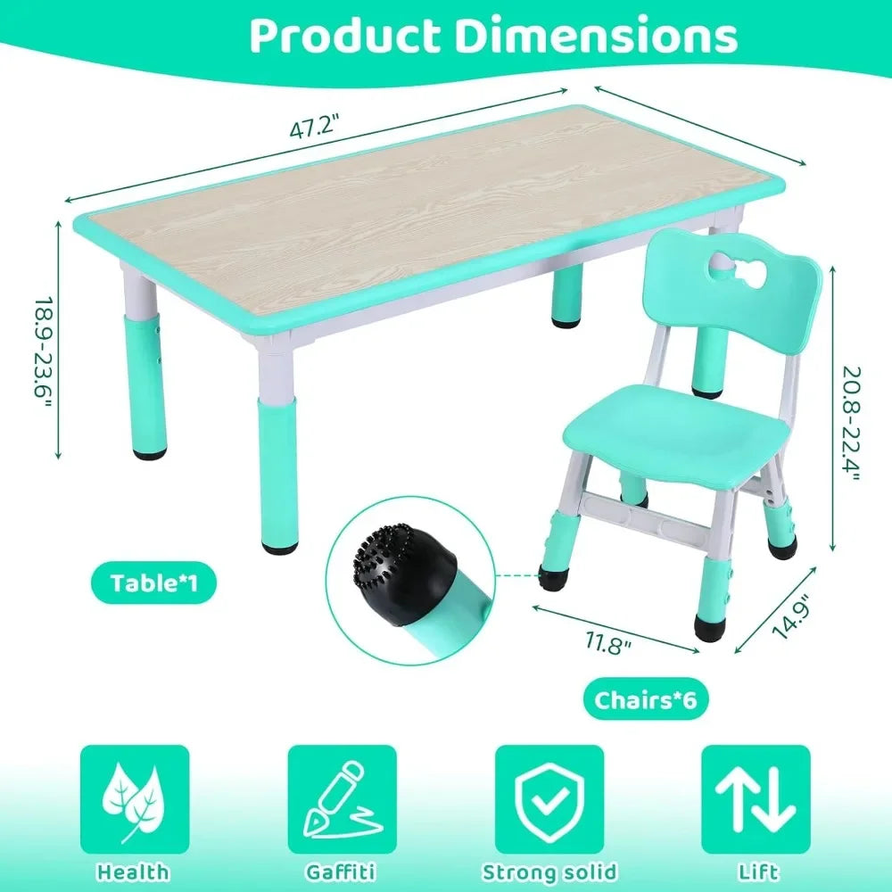 Kids Table and 6 Chairs Set, Height Adjustable Graffiti Table,Preschool Activity Art Craft Table,for Daycare Classroom Home Boys