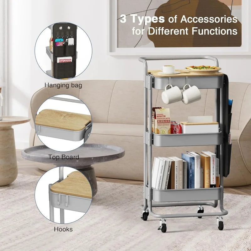 3 Tier Metal Utility Rolling Cart with Table Top and Side Bags