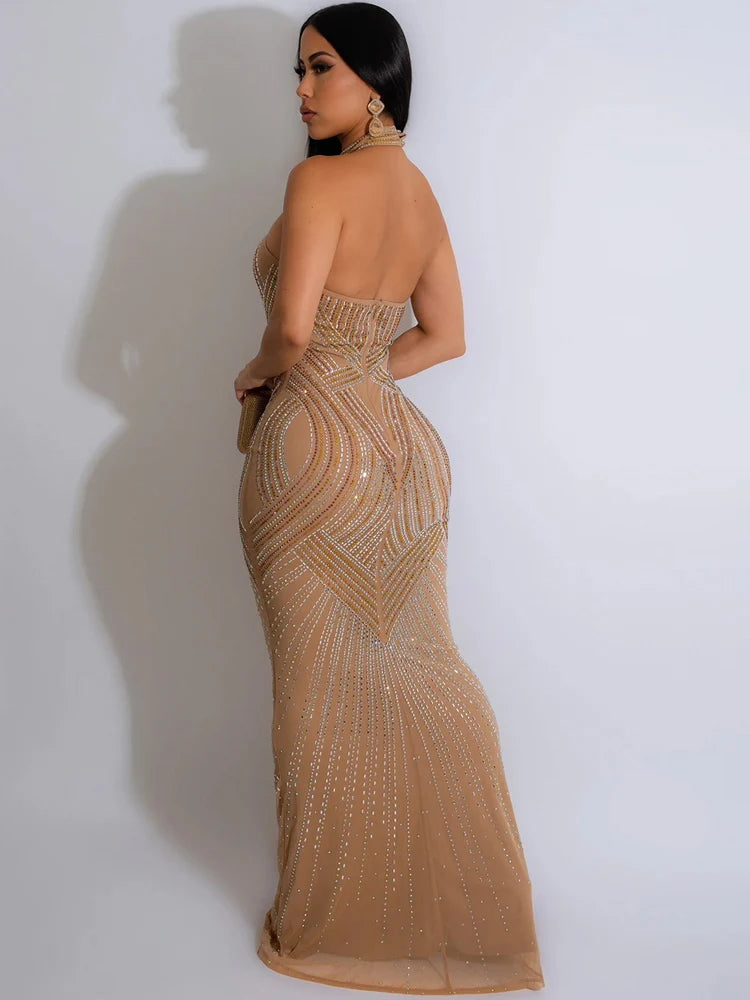 Beyprern Women's Rhinestones Décor Long Maxi Dress Glam