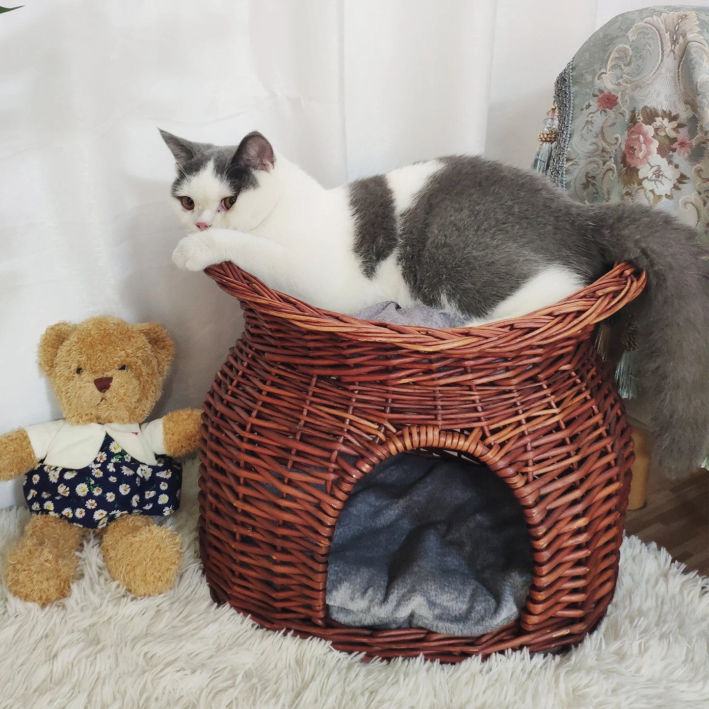 2-Tier Wicker Bunk Basket Cat Sleeping Bed Play House Furniture for Indoor Cats with 2 Pcs Soft Cushion Cave Bed, L *H 41x33.5CM