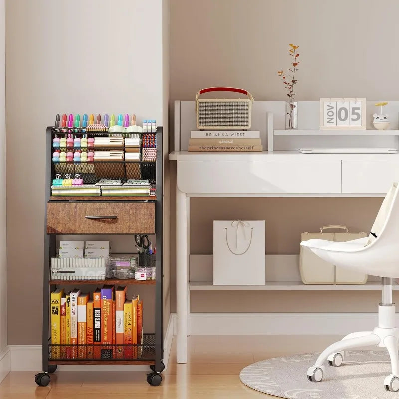 3 Tier Rolling Cart - Metal Utility Cart with Storage Drawer