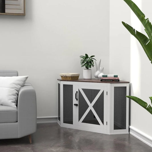 Corner Dog Crate Furniture, Wooden Dog Kennel End Table with Mesh