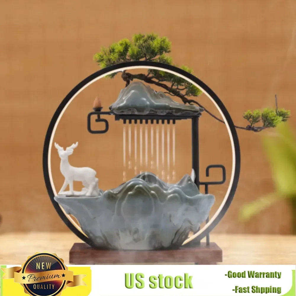 Bymaocar Indoor Water Fountain With Mist Touch Switch LED Light Incense Burner Waterfall Relaxing Table Decor