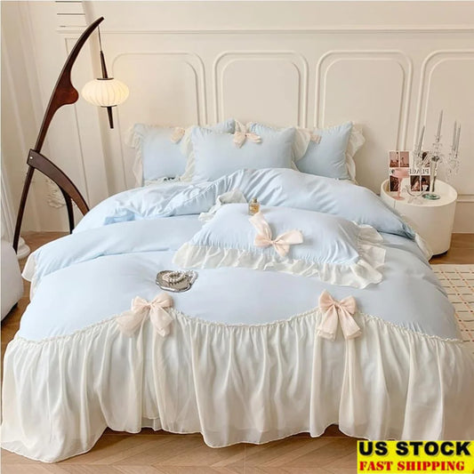 Ruffled Duvet Cover Set with Bowknot Tie