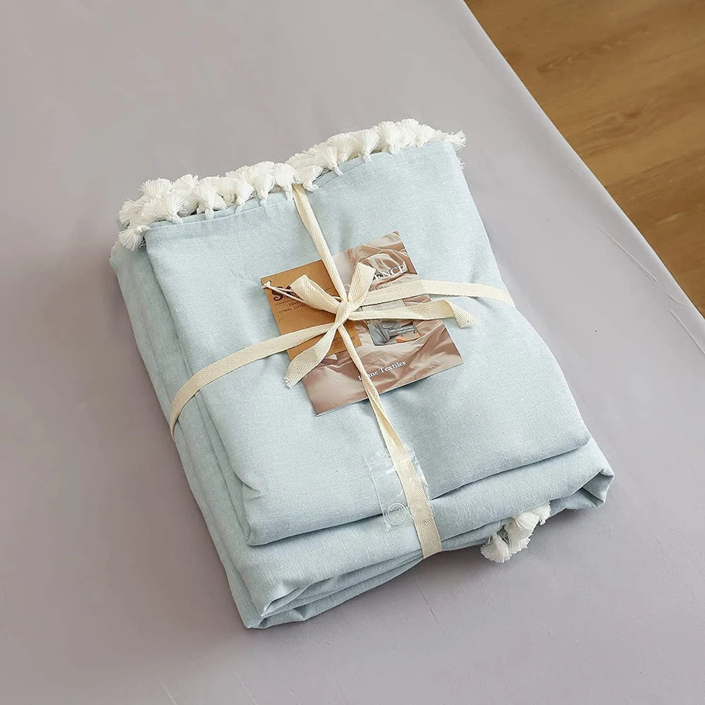 Boho Linen Cotton Bedding Set with Tassel Washed Comforter