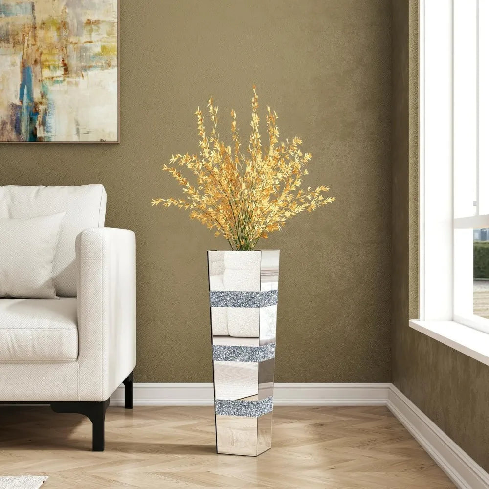 Mirrored Tall Floor Vase, 28 Inch Large Crushed Diamond Decor