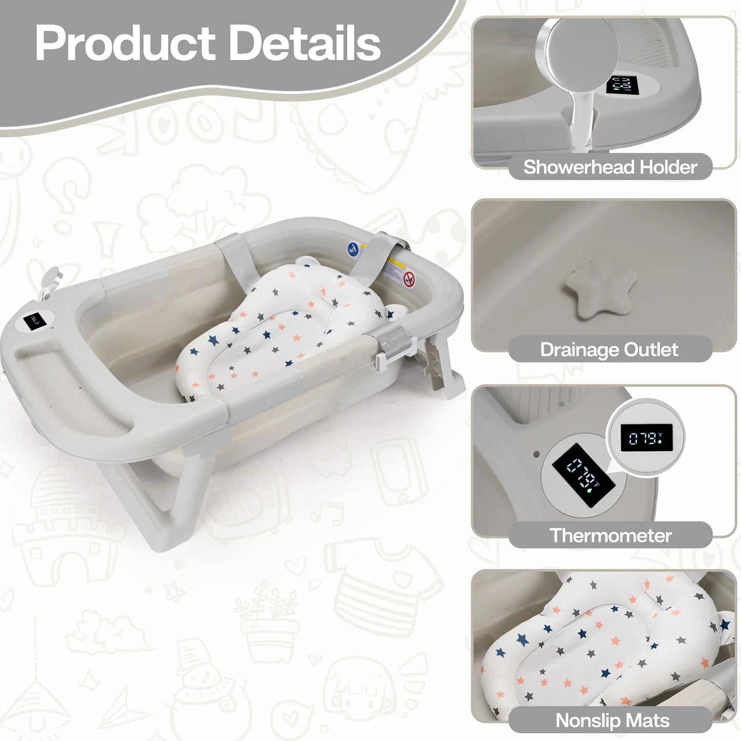 Baby Bathtub with Soft Cushion & Thermometer for 0-36 Months