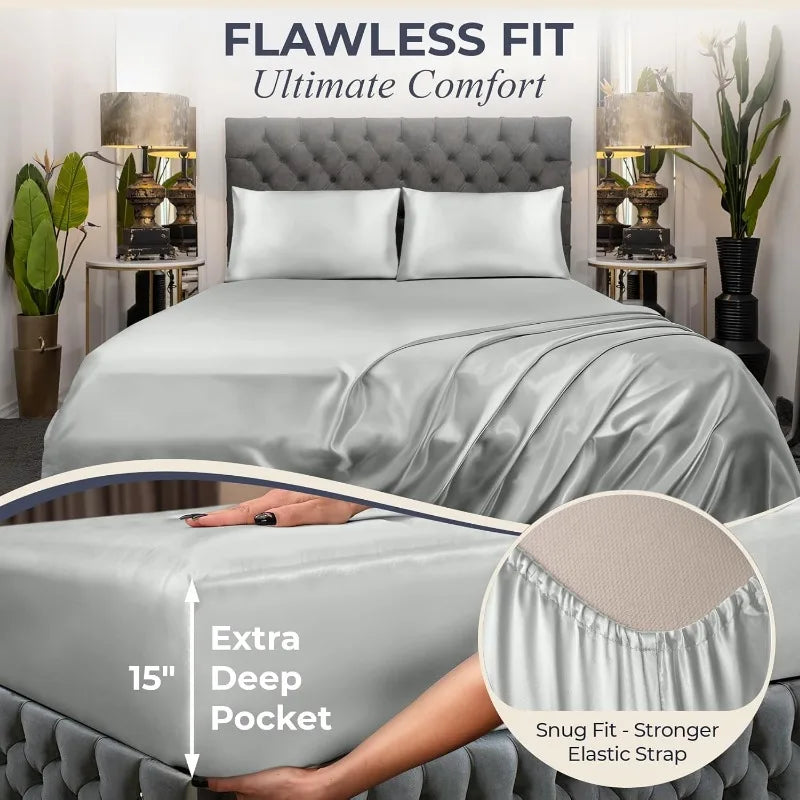 Satin Sheets Queen Size Set 4 Pcs - Silky & Luxuriously Soft