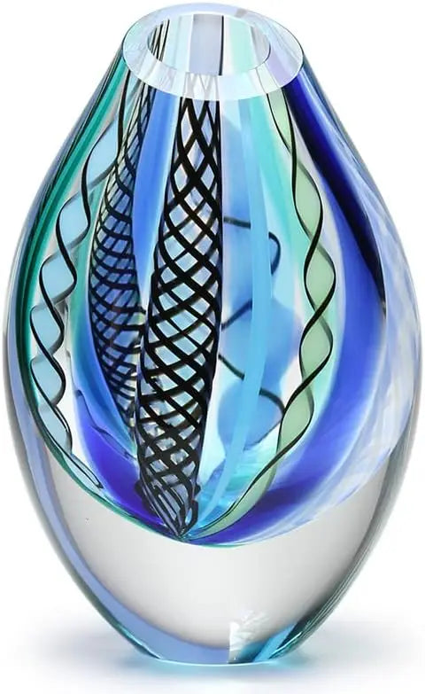 Blue Twisted Glass Vase Hand Blown Murano-Style Art Glass